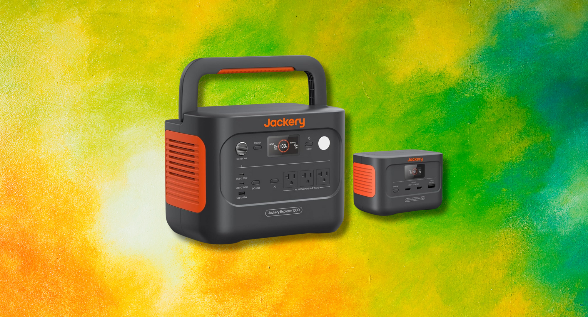 A Jackery Solar Generator 1000 v2 and a smaller Jackery Explorer 100 Plus portable power station are displayed against a vibrant yellow and green textured background.