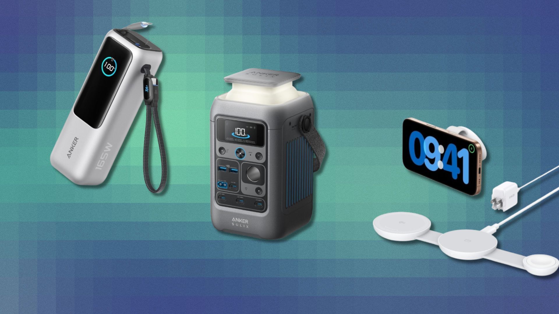 three anker devices on a green pixelated background