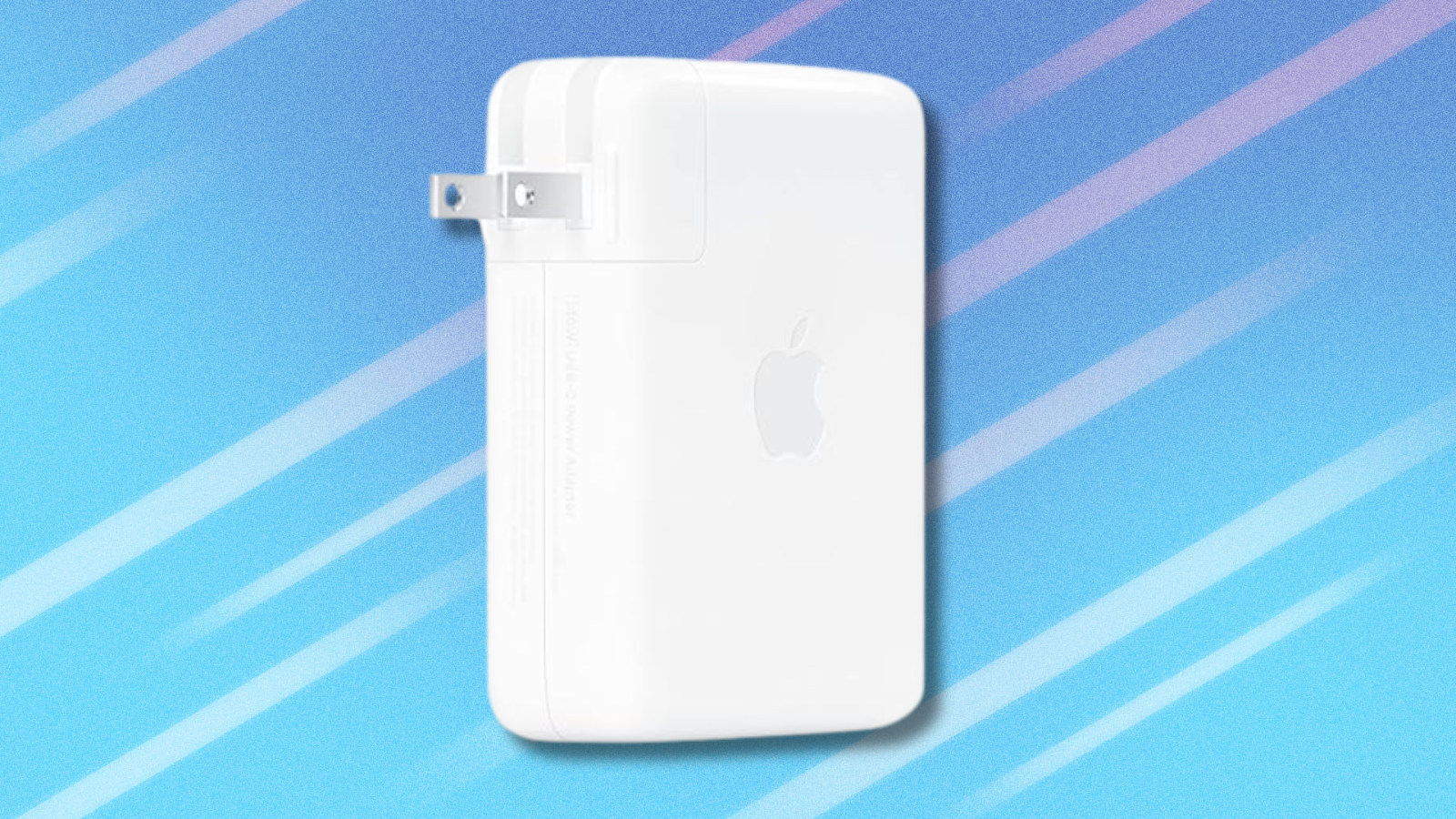 Apple 140W USB-C Power Adapter on light blue abstract background