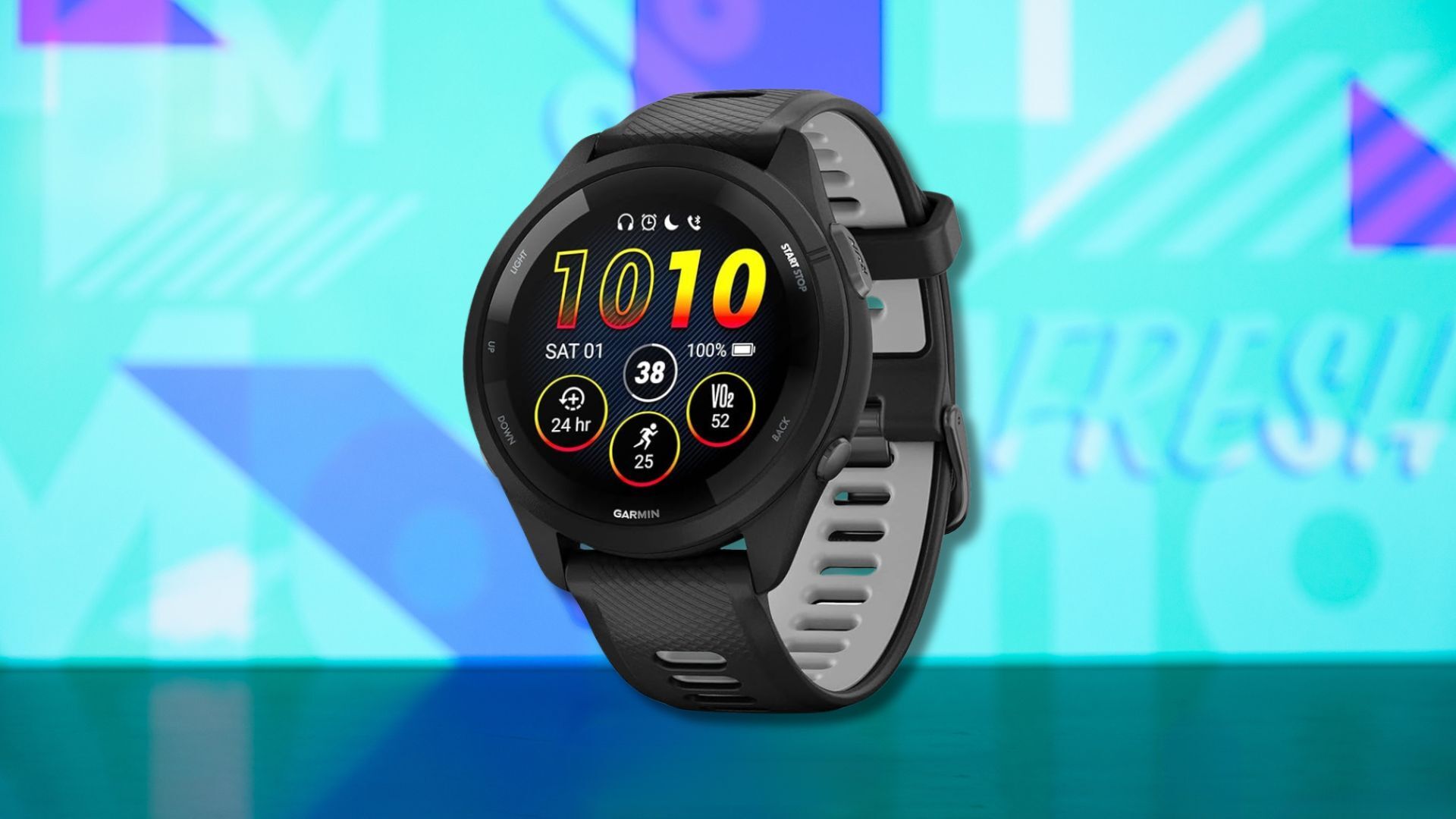 garmin forerunner 265 smartwatch against a light blue patterned background