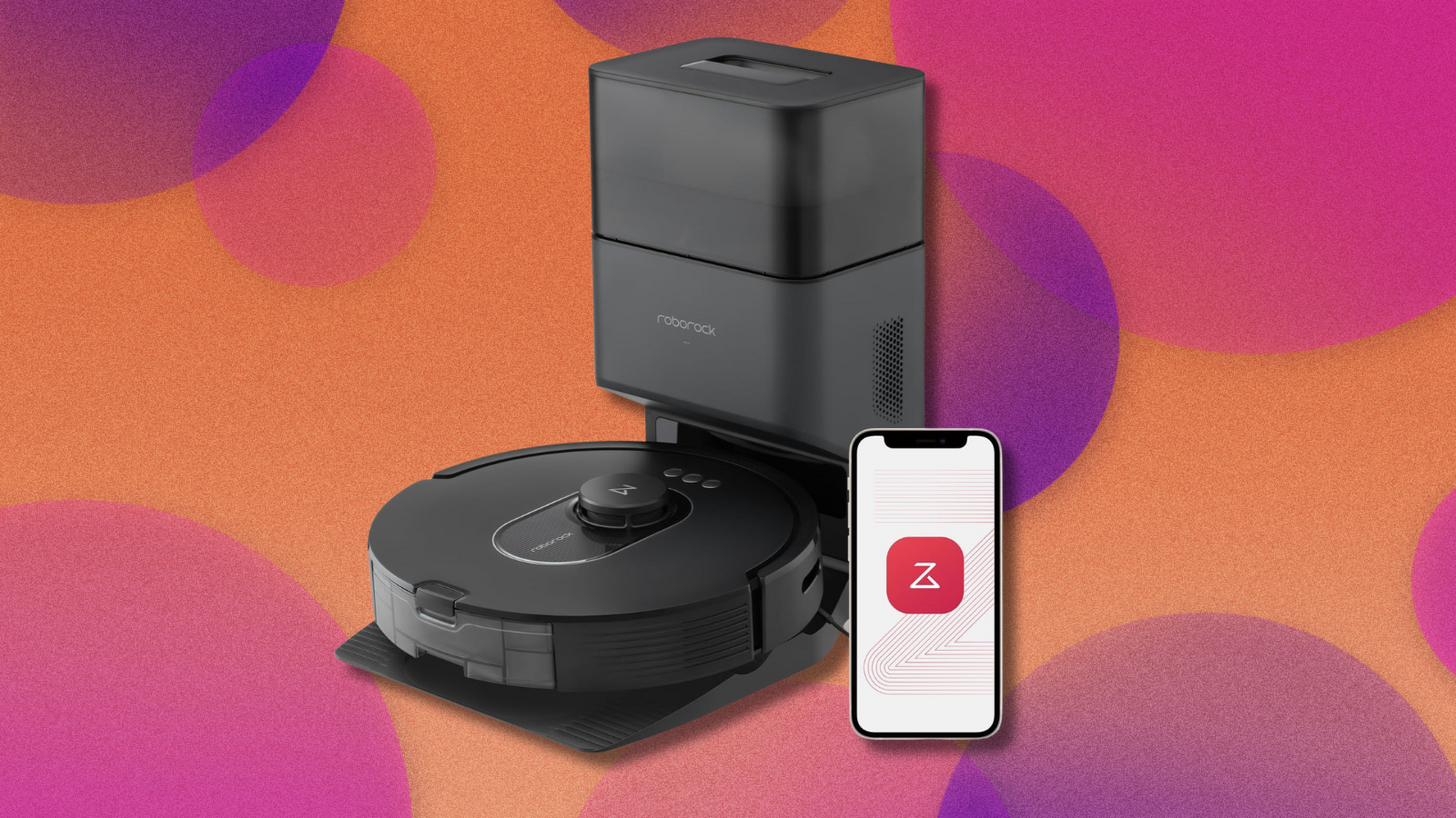 Roborock Q5 Max+ on orange and pink abstract background