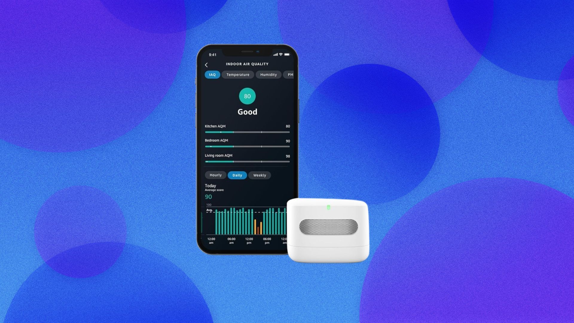 An Amazon Smart Air Quality Monitor appears on a blue bubble background.
