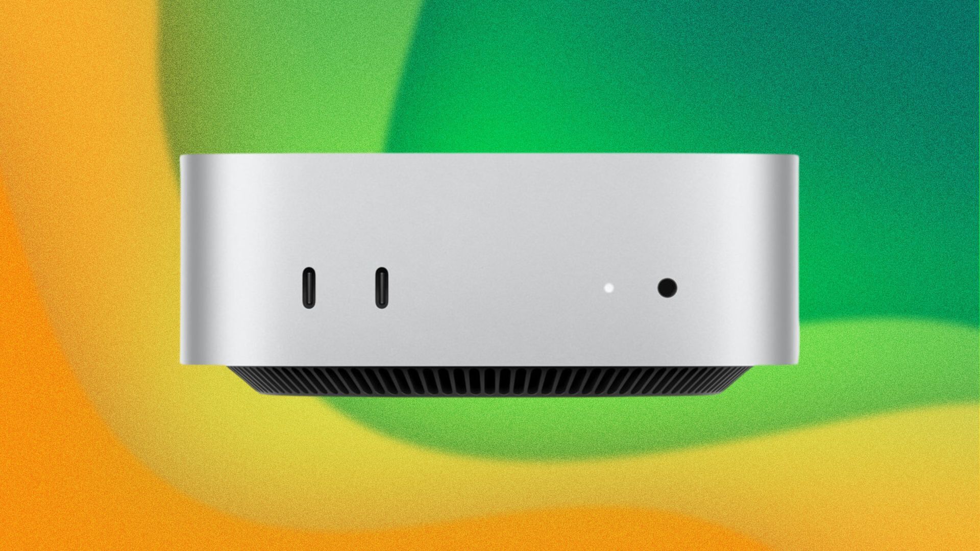 A Mac Mini appears on a yellow and green background.