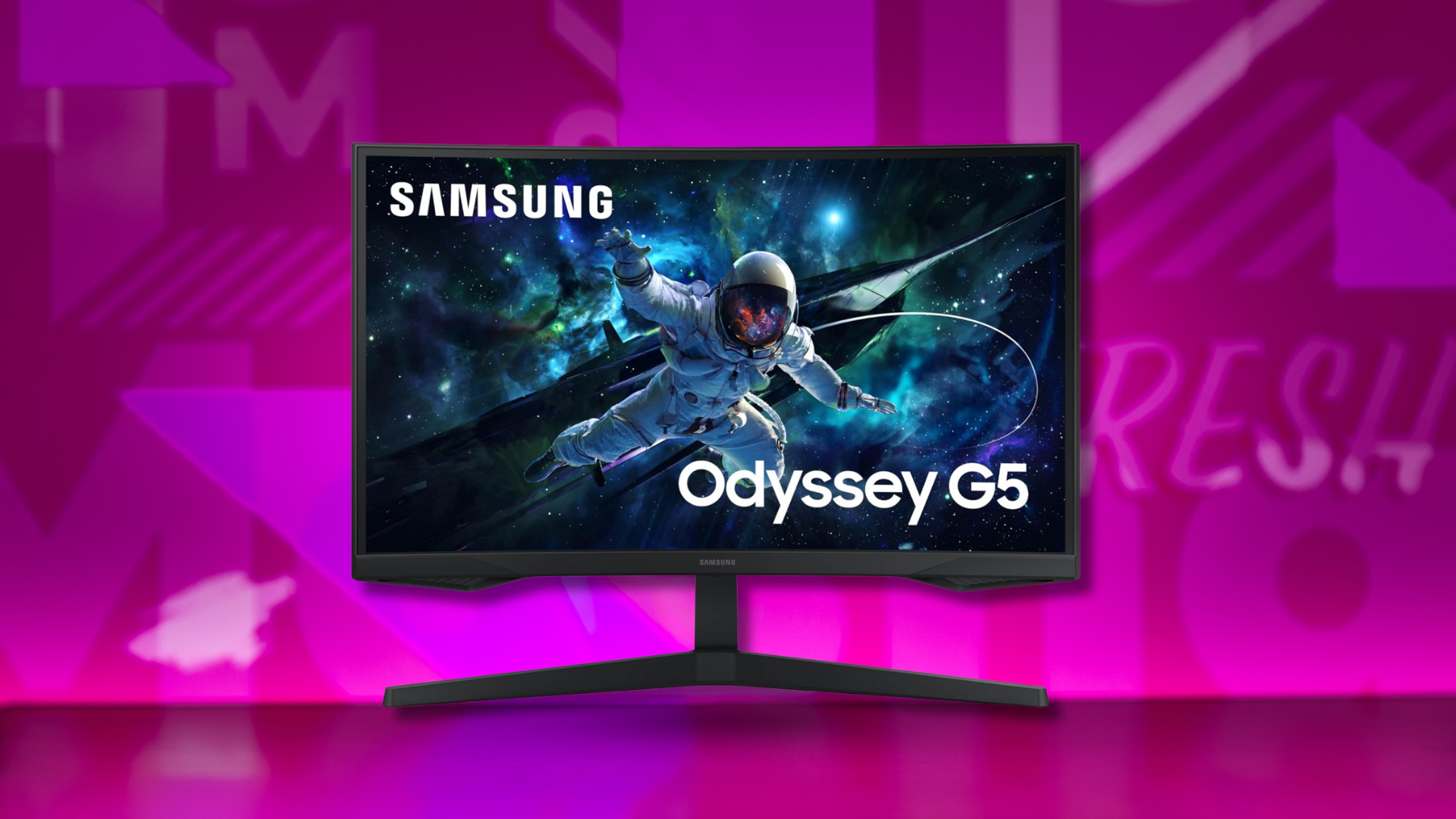 Front view of a Samsung Odyssey G55C curved gaming monitor. The screen shows a dynamic space scene with an astronaut. The background behind the monitor is a bright, abstract magenta and purple pattern.