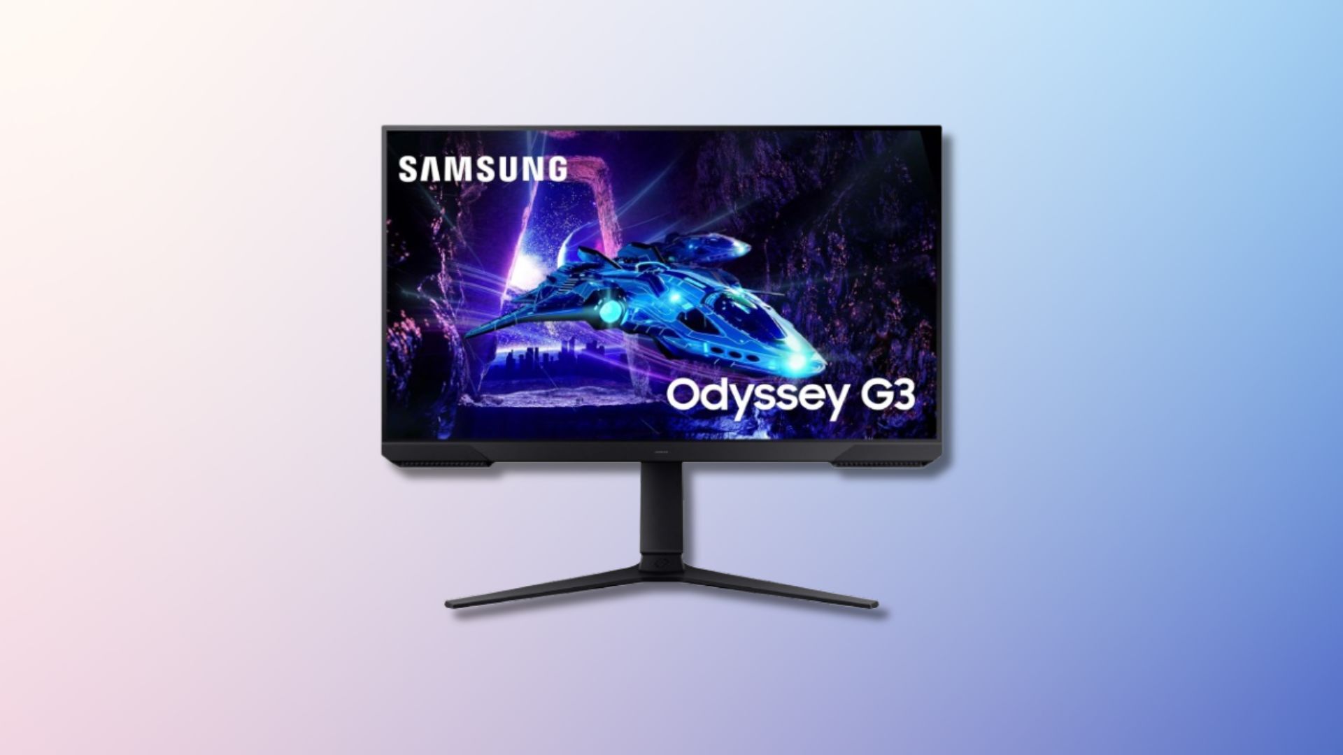 the samsung odyssey g3 gaming monitor on a pink and blue background