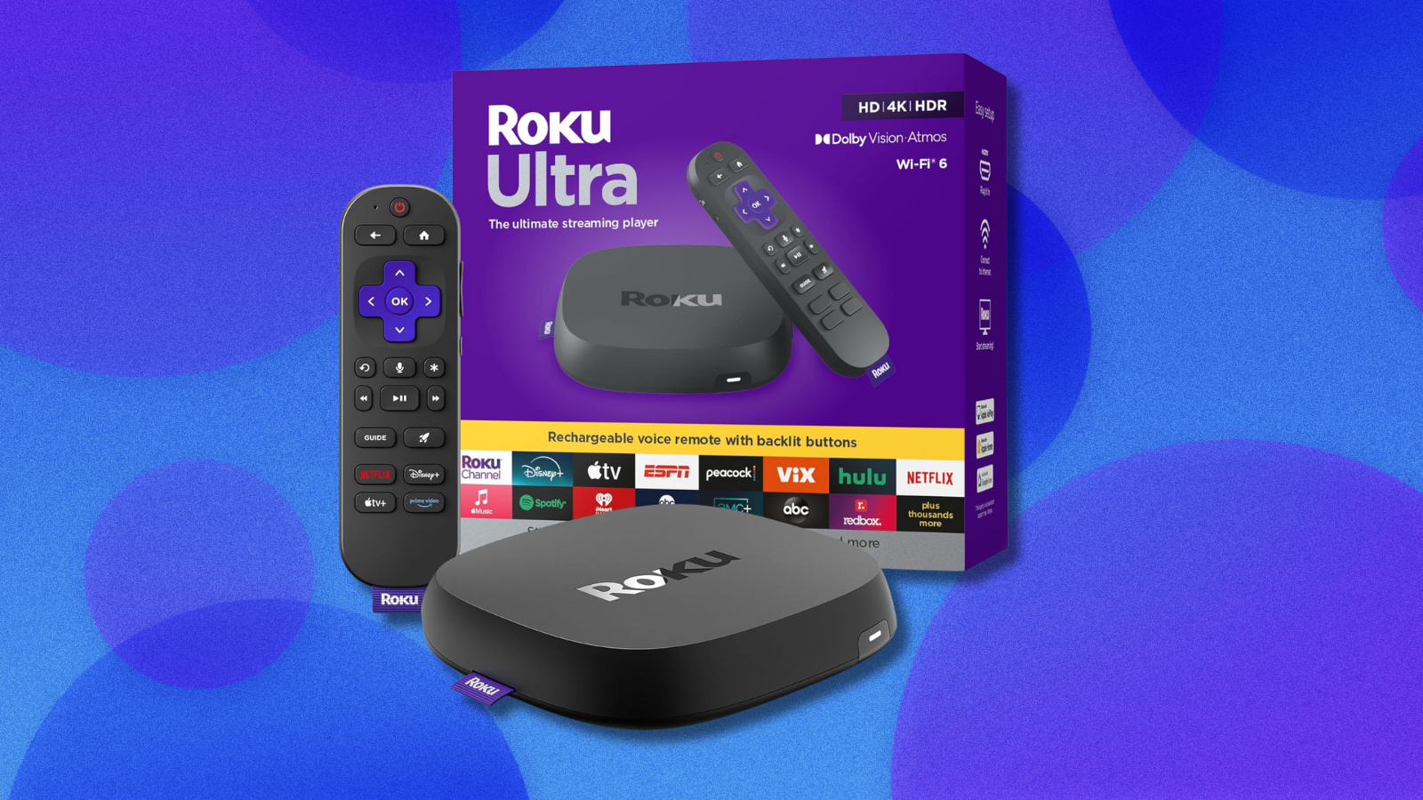 Roku Ultra on blue and purple abstract background