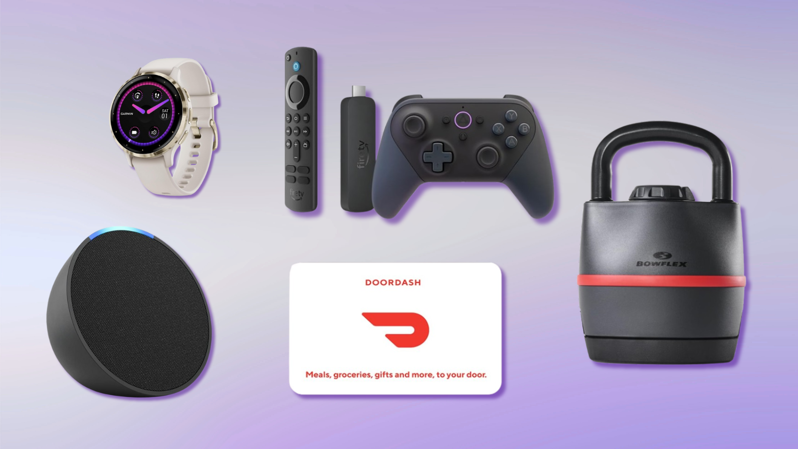 DoorDash gift card, Garmin Venu 3S, Bowflex SelectTech 840, Fire TV Stick 4K and Luna controller, and Echo Pop with purple gradient background