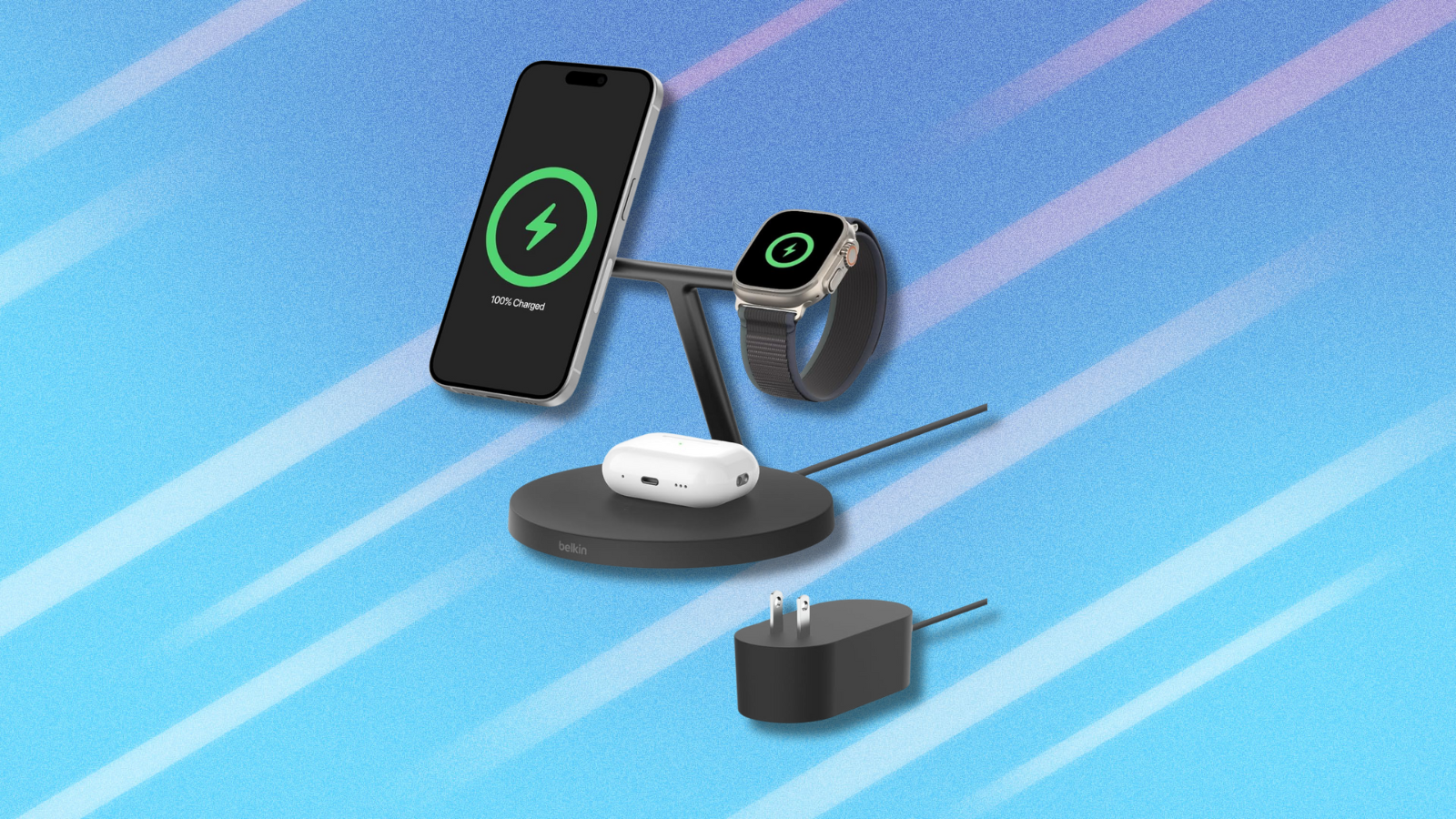 Belkin 3-in-1 Wireless Charging Station on light blue abstract background