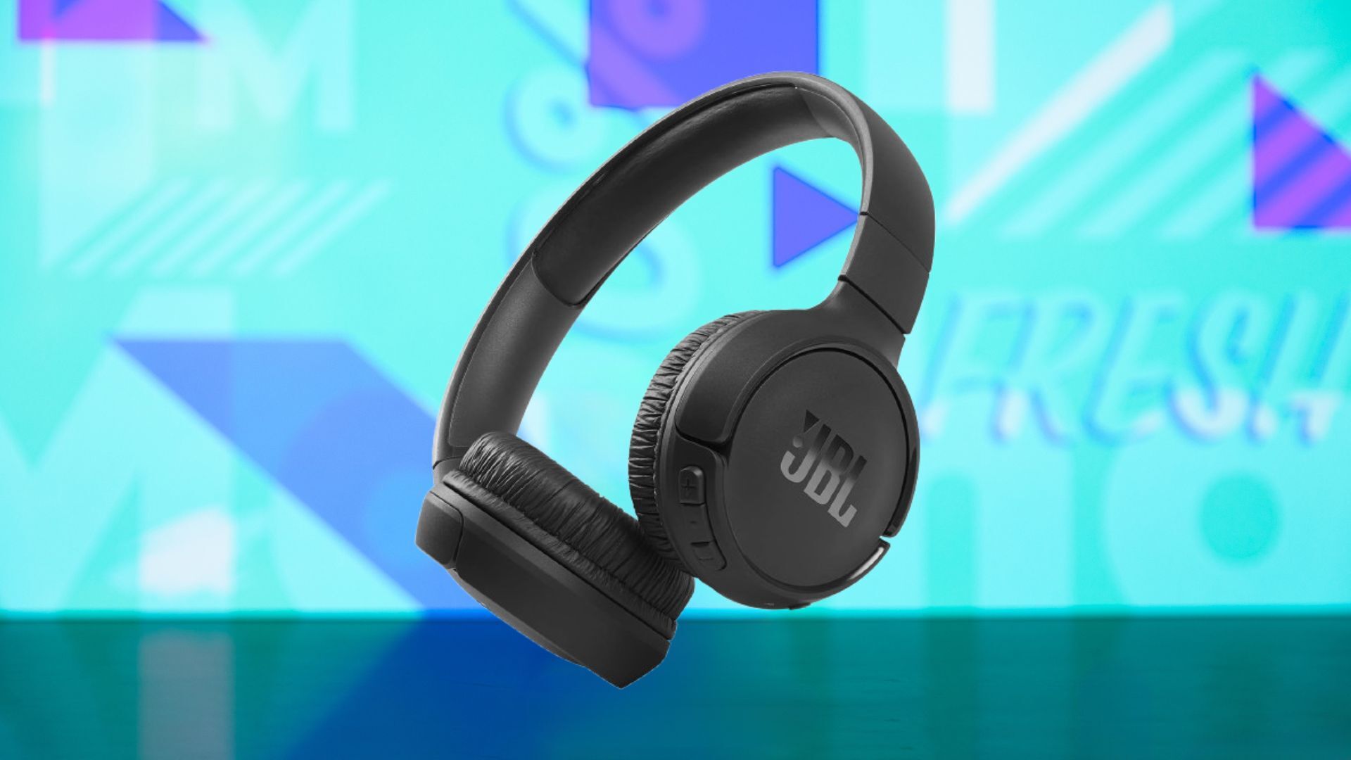 JBL Tune headphones appear on an abstract teal background.
