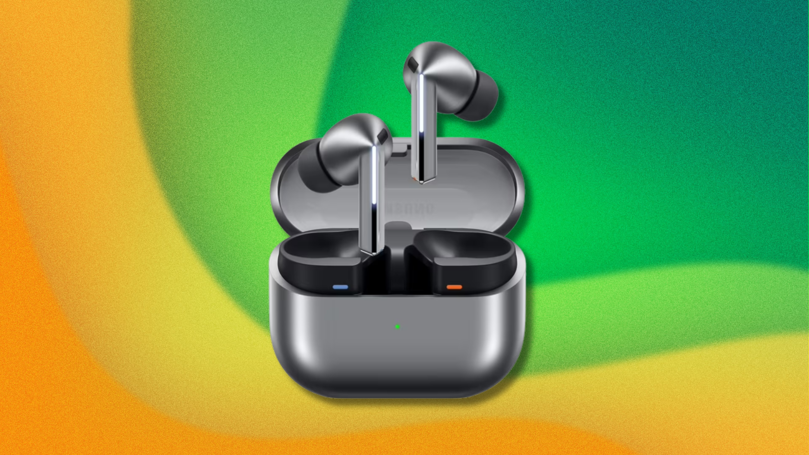 Samsung Galaxy Buds 3 Pro on green and yellow abstract background