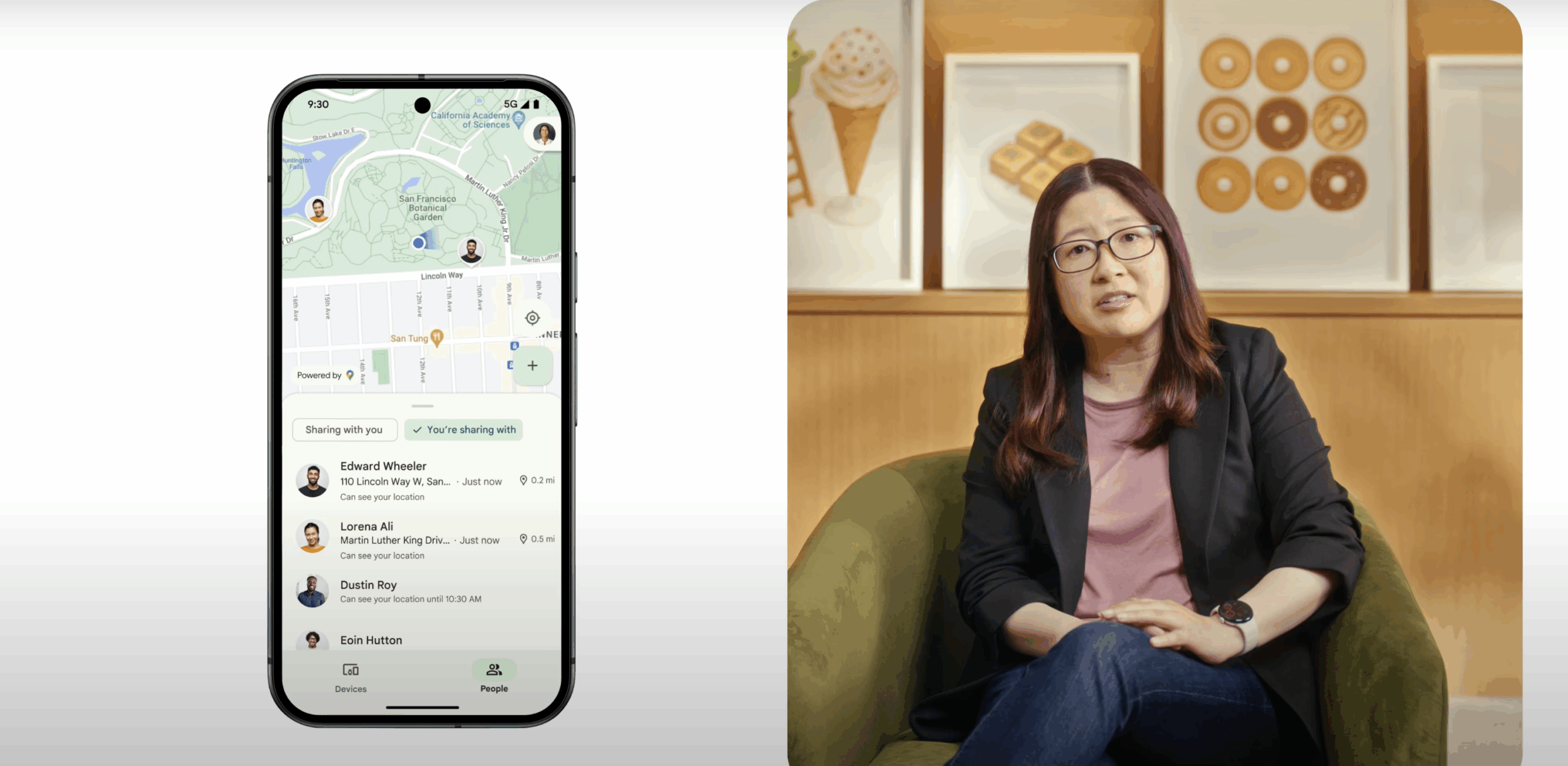 A smartphone displays a location-sharing map with contacts in San Francisco, while a woman sits on a green chair speaking, with dessert-themed artwork in the background.