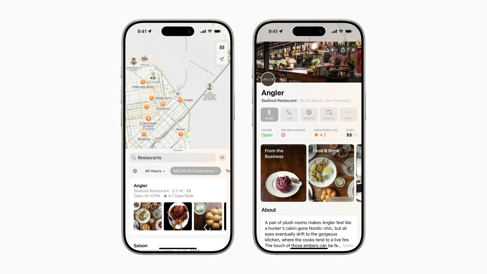 Apple Maps shown on two iPhones with the new Michelin restaurant feature.