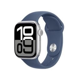 Apple Watch Series 10 [GPS 42mm case] Smartwatch with Silver Aluminium Case with Denim Sport Band - S/M. Fitness Tracker, ECG App, Always-On Retina Display, Water Resistant
