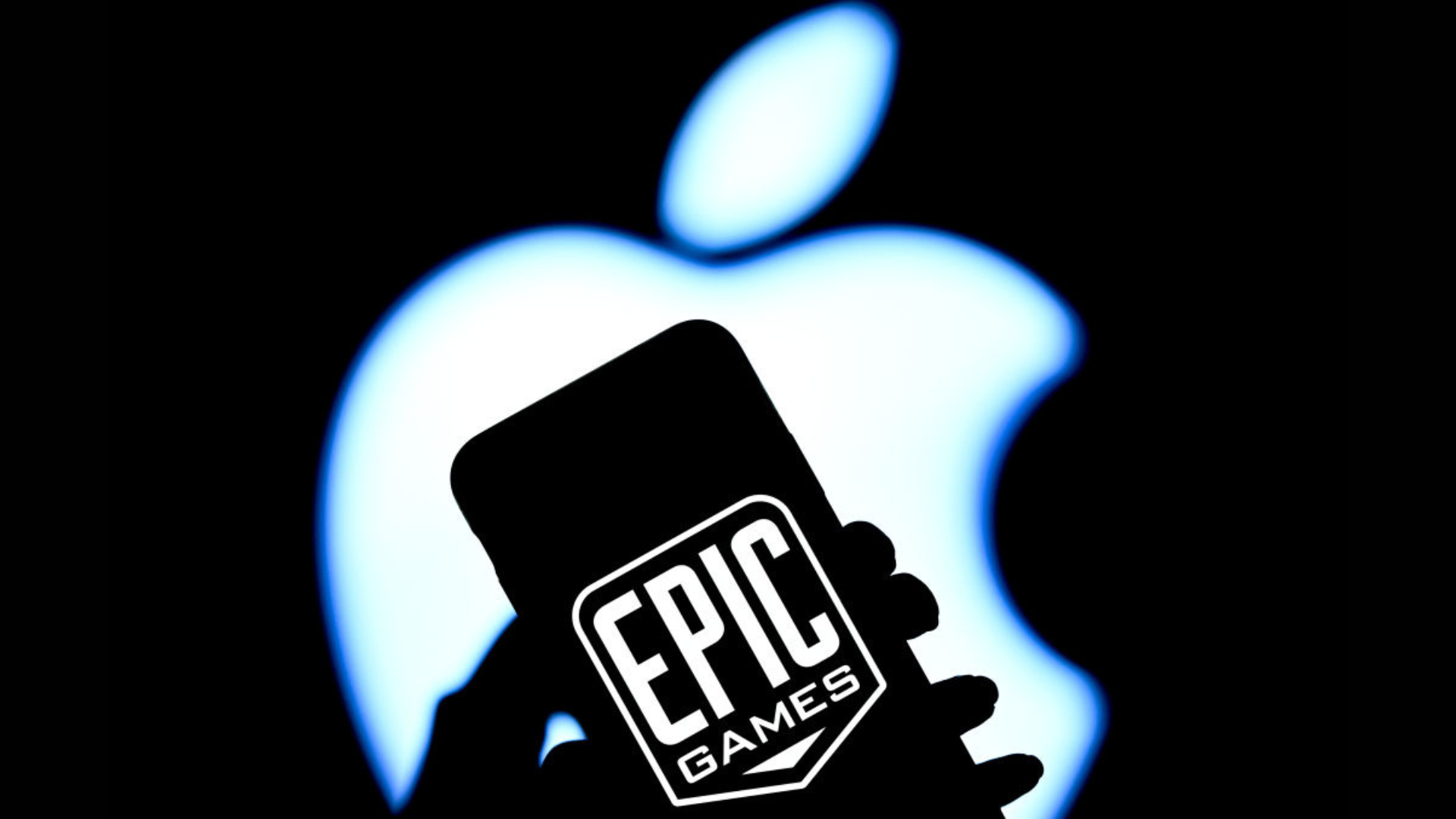 The logo of Epic Games is displayed on a mobile phone screen in front of the logo of Apple.