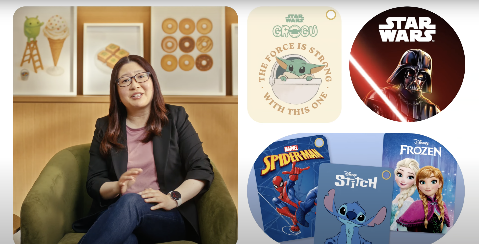 disney-themed bluetooth trackers and a woman at android show event