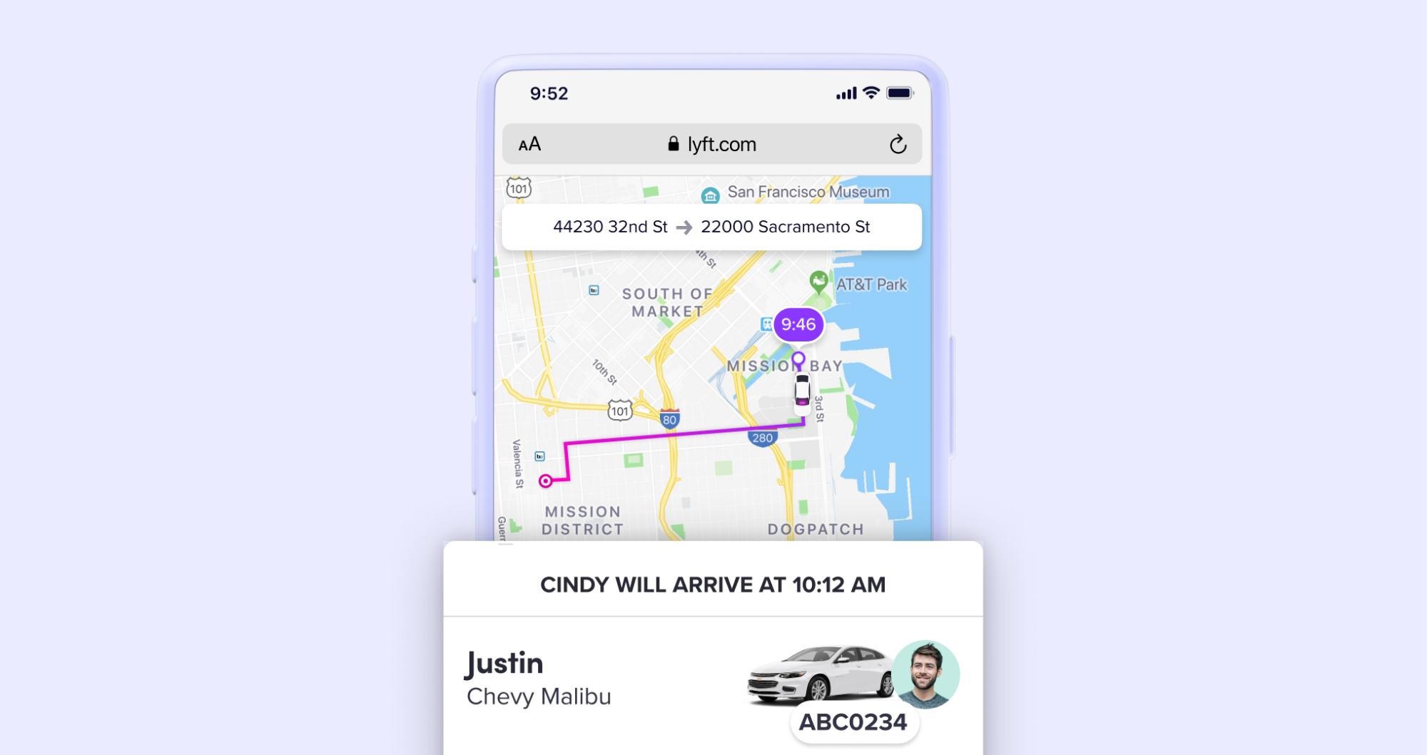 A phone screen showing a Lyft ride in a mobile browser window.