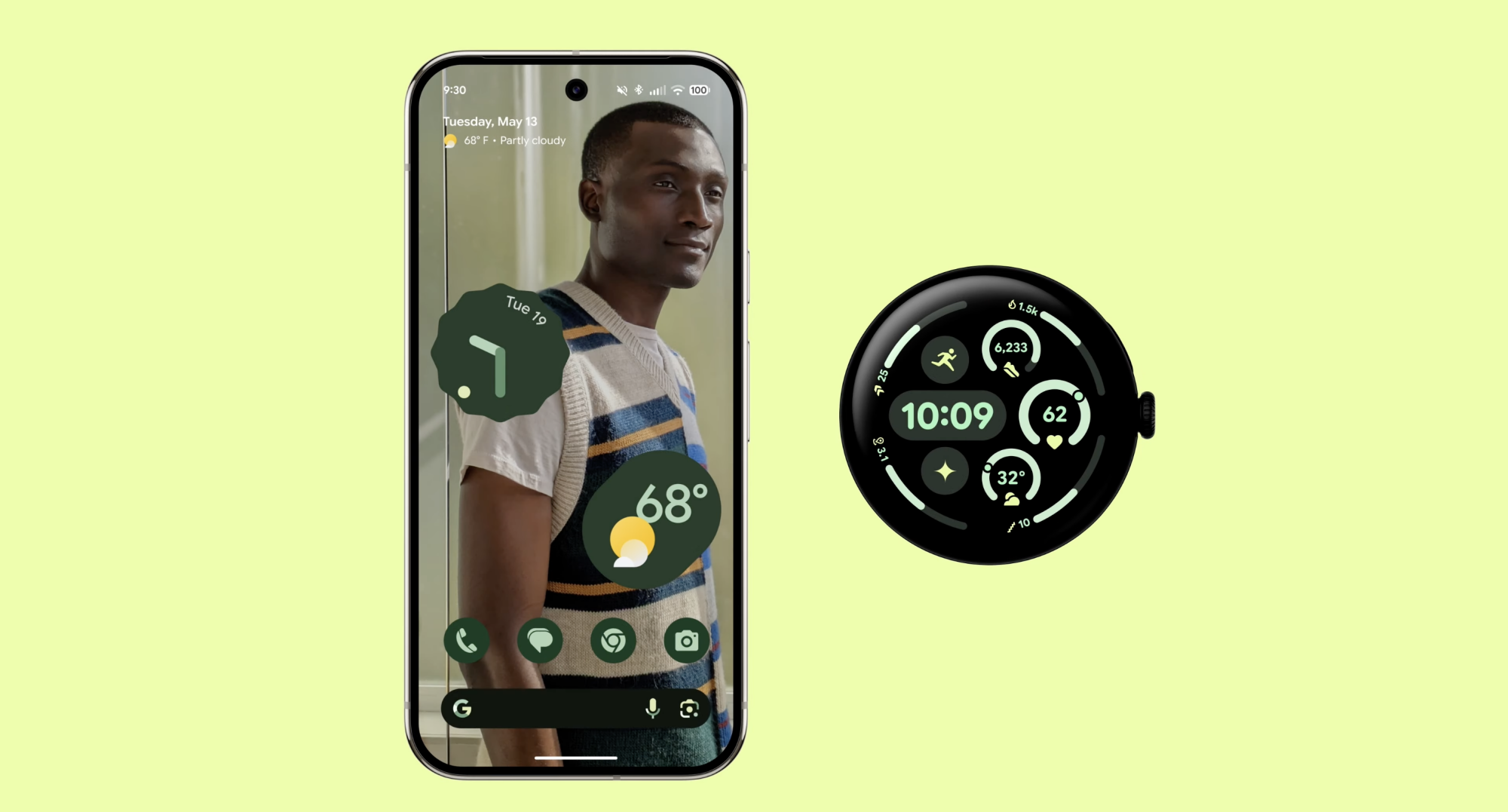 A smartphone and smartwatch display personalized Android home screens, showing weather, date, fitness stats, and app icons, all with a green-themed interface on a light green background.
