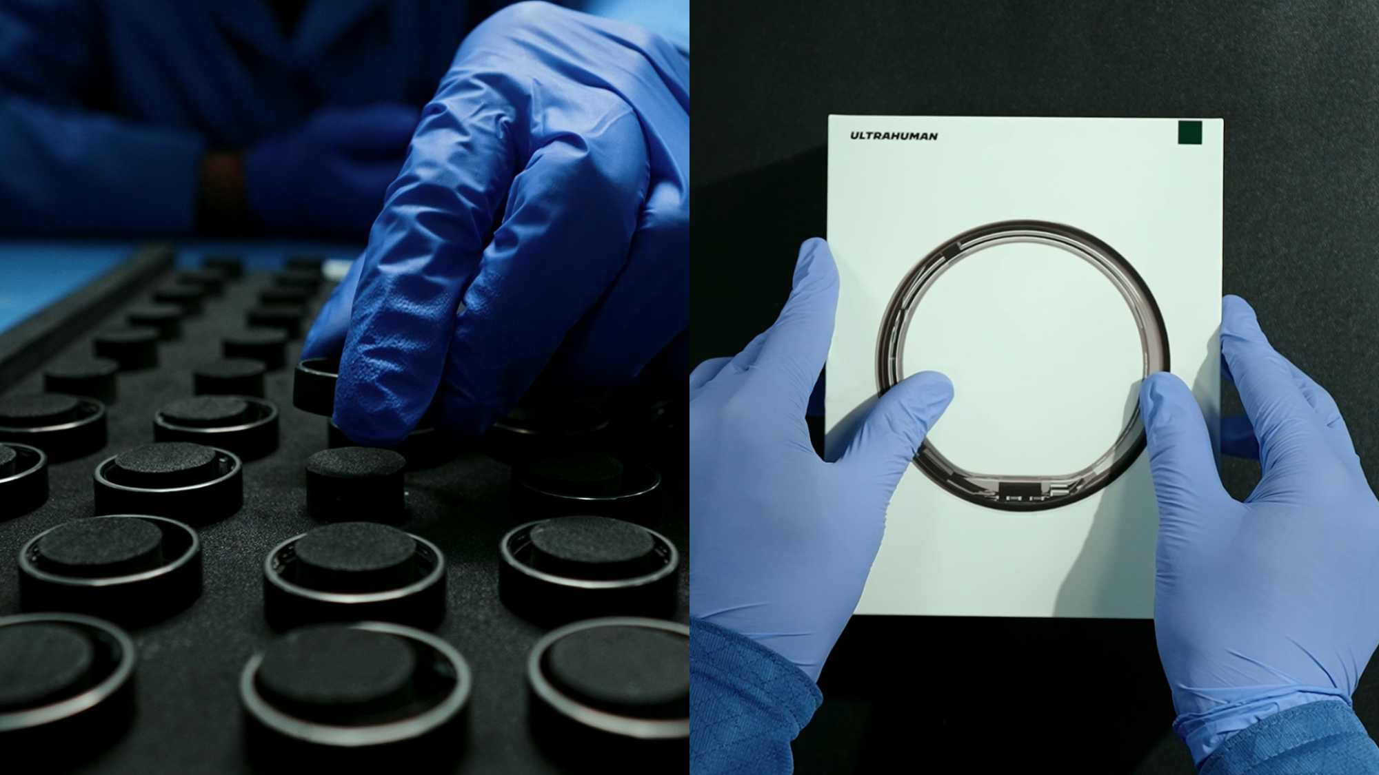 On the left, someone handling an Ultrahuman ring with gloves. On the right, someone handling an Ultrahuman box with gloves.