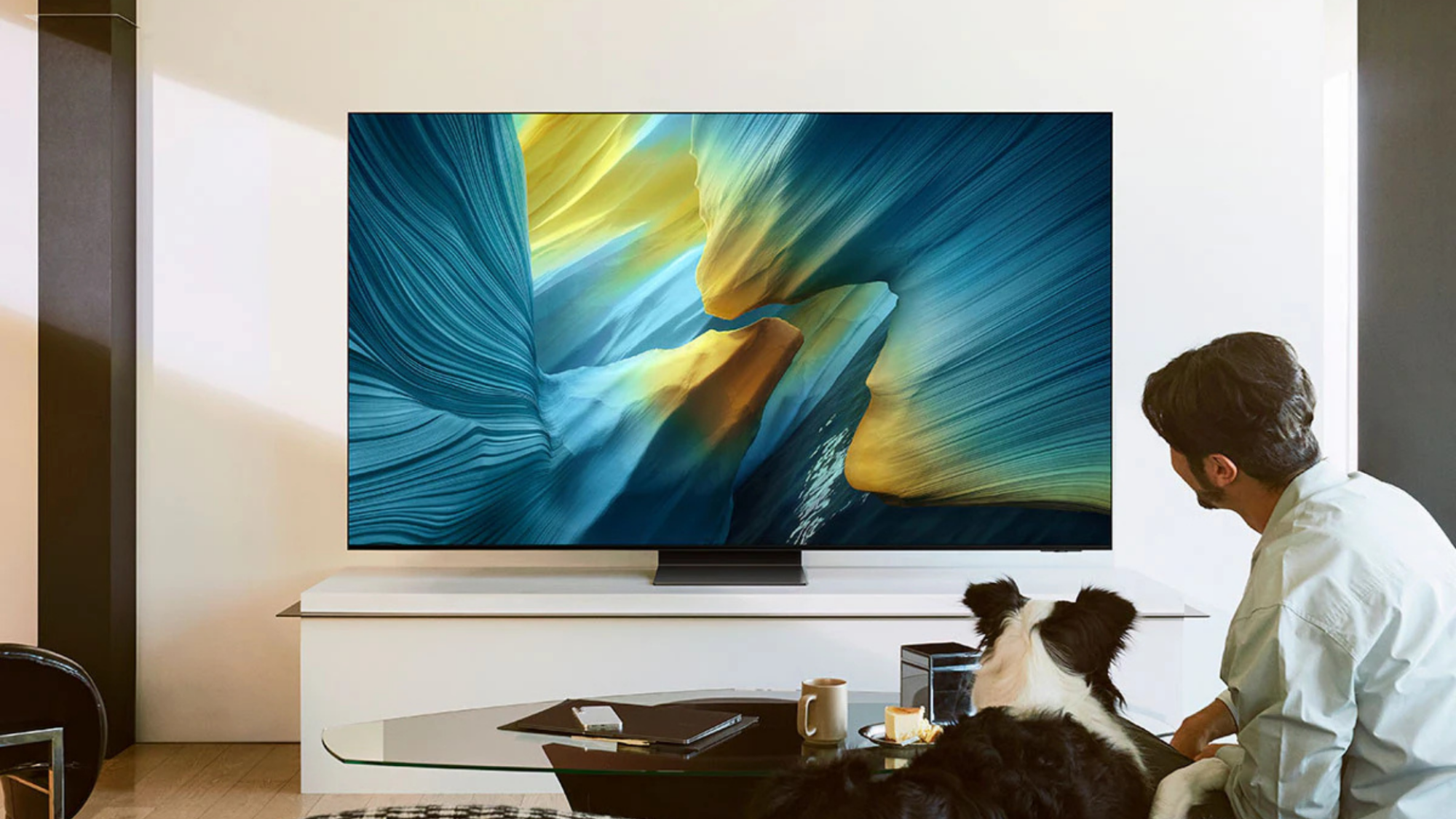A man and his dog watching a Samsung OLED TV