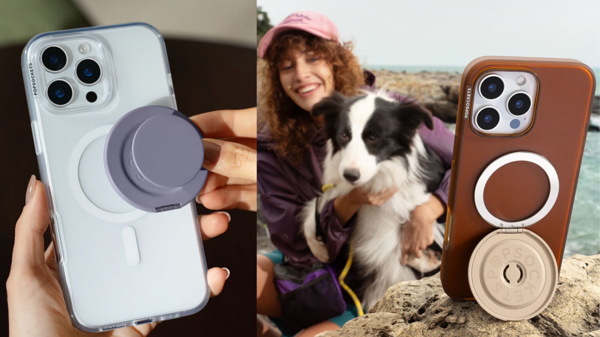 On the left, a PopSocket attaching to an iPhone case. On the right, a PopSocket flipped down into a stand.