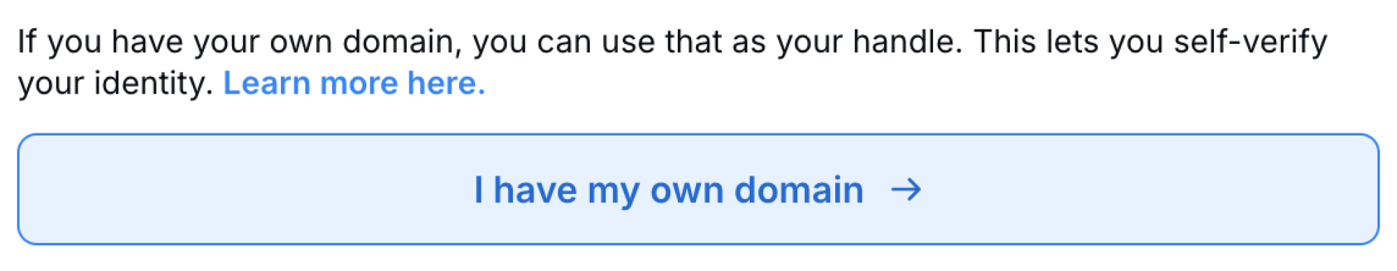A screenshot of Bluesky that reads "I have my own domain."