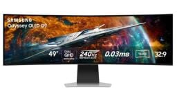 A curved Samsung monitor appears on a white background, it has a space image on its screen.