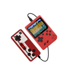 A red, Game Boy-style handheld console displaying a pixelated game, connected by a wire to a matching red controller.