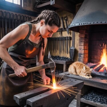 ai-generated image of woman blacksmith in forge