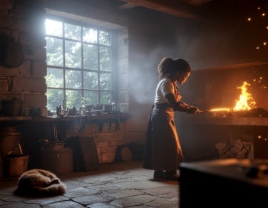 ai-generated image of woman blacksmith in forge