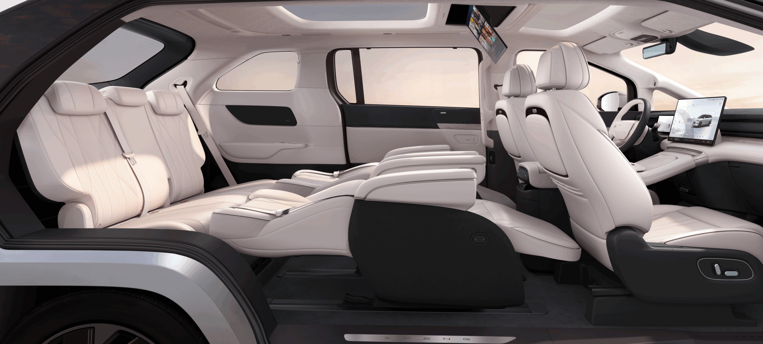 A side view cutaway of the XPENG X9 with the middle seats fully reclined.