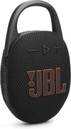 A black jbl clip 5 portable speaker against a white background