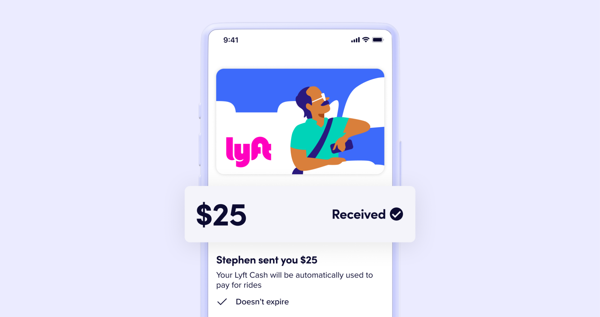 A phone screen showing someone receiving $25 in Lyft Cash on the Lyft app.