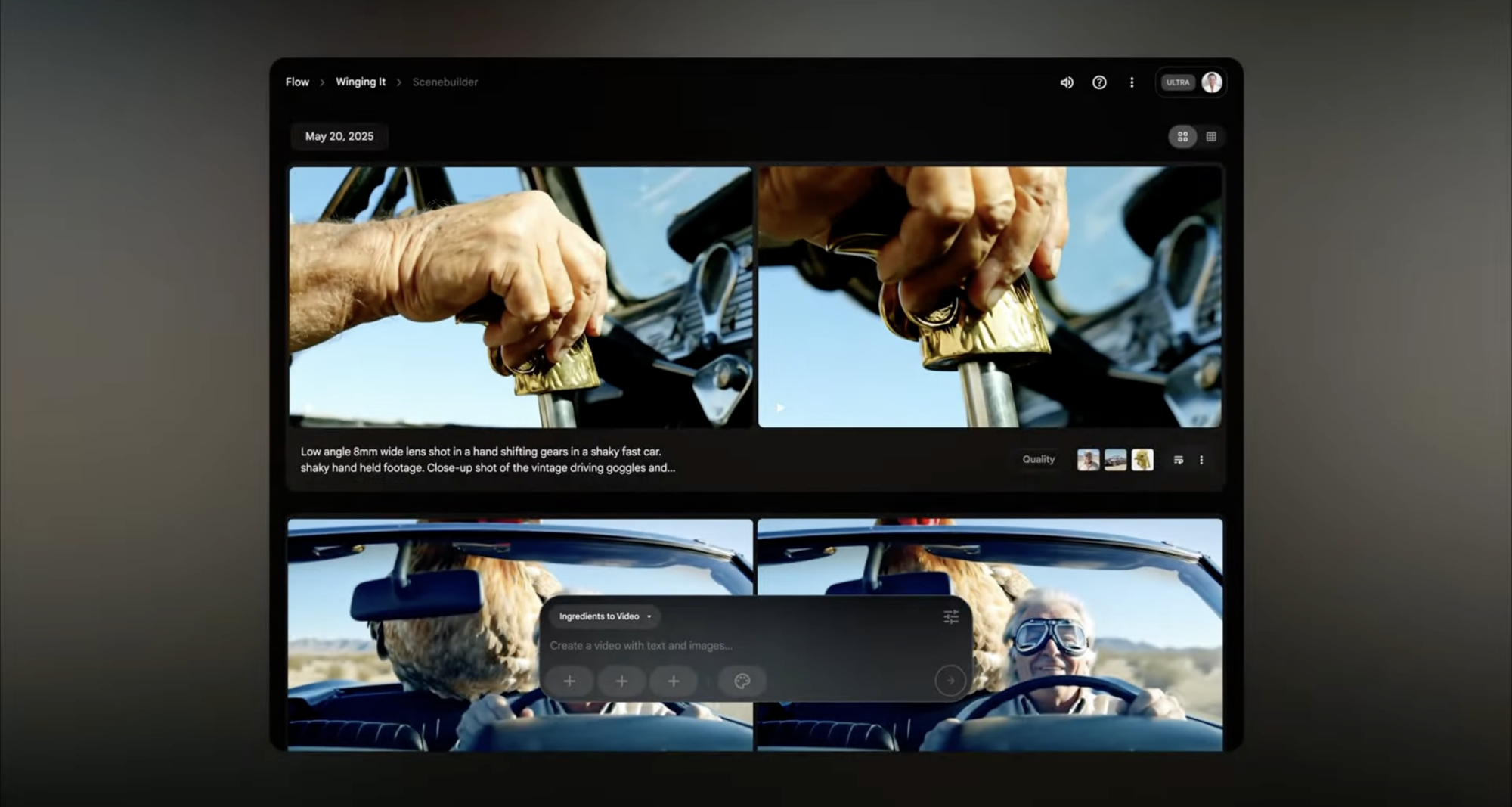 Screenshot of the media hub for Google Flow that shows an old man driving through the desert. Behind him is a 10ft tall chicken