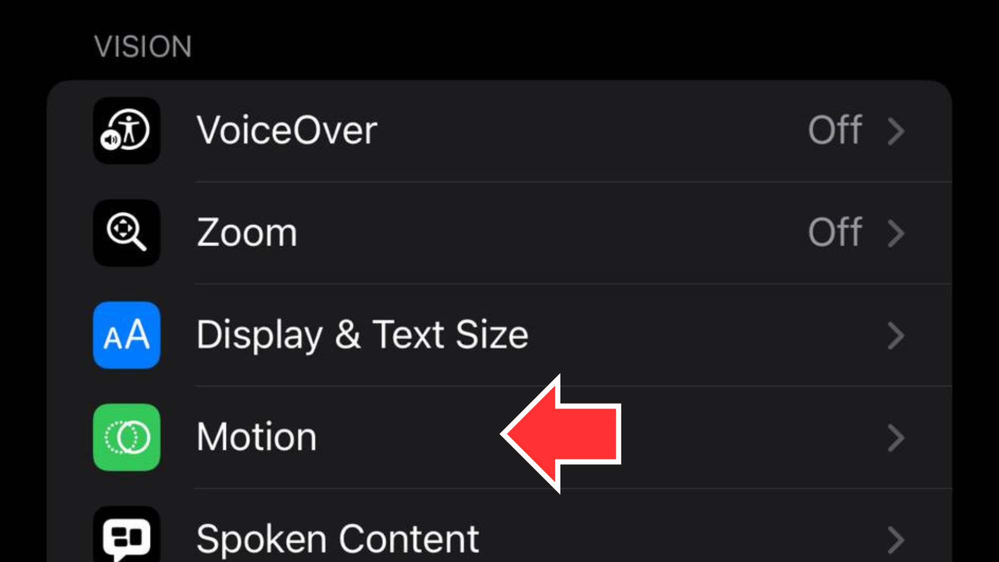 A screenshot of an iPhone's Accessibility menu with a red arrow pointing at the Motion option.