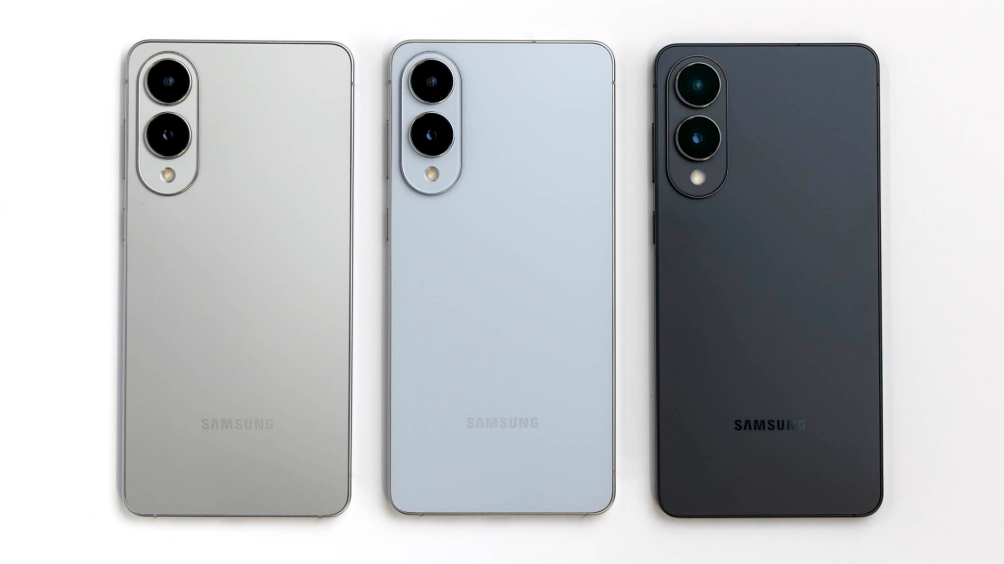 The Samsung Galaxy S25 Edge's back in Titanium Silver, Titanium Icyblue, and Titanium Jetblack.