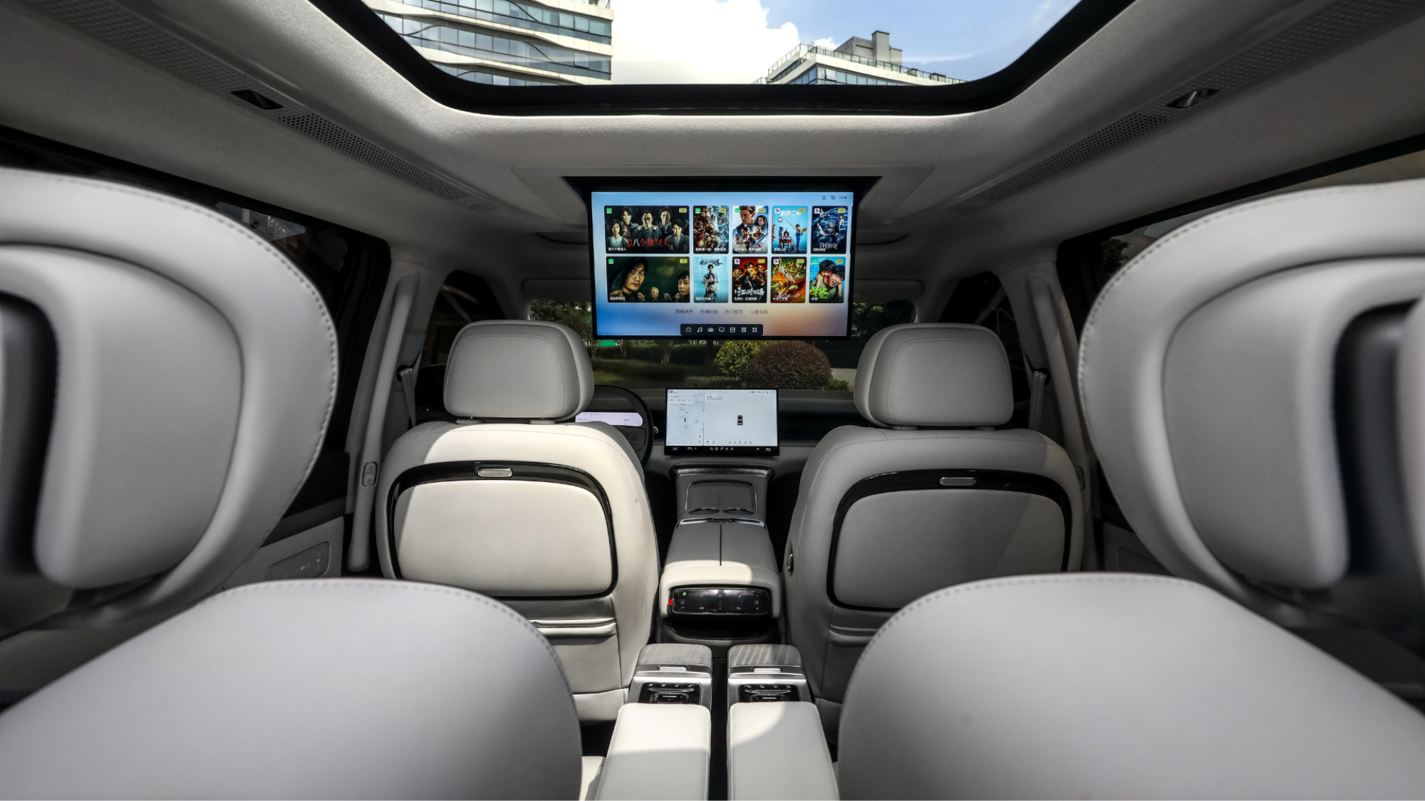 The XPENG X9's 21.4-inch ceiling-mounted screen.