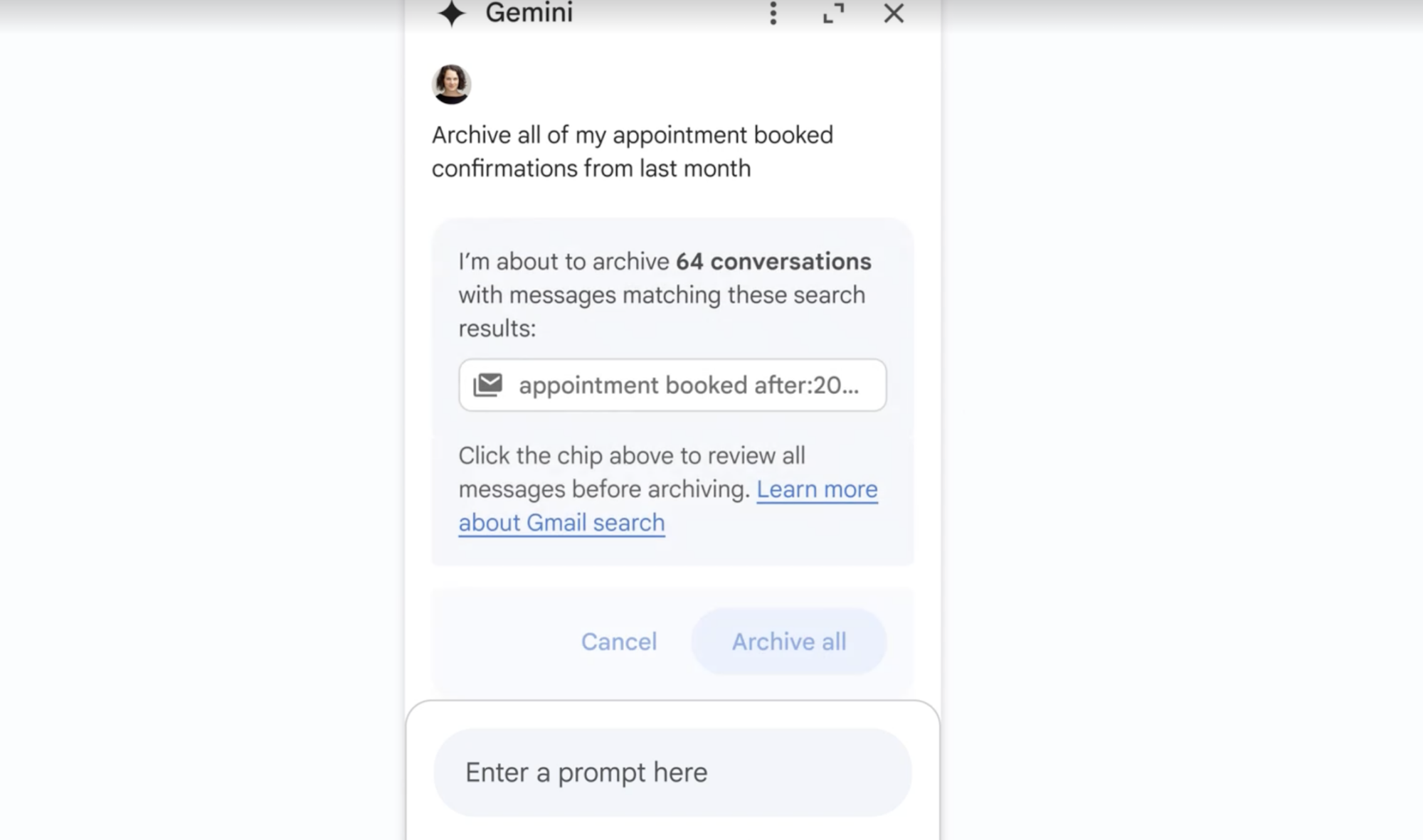 Image of a user asking Gemini to archive emails from their inbox