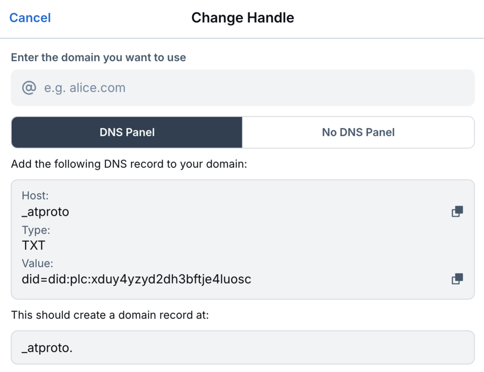 A screenshot of Bluesky's settings showing the change handle option.