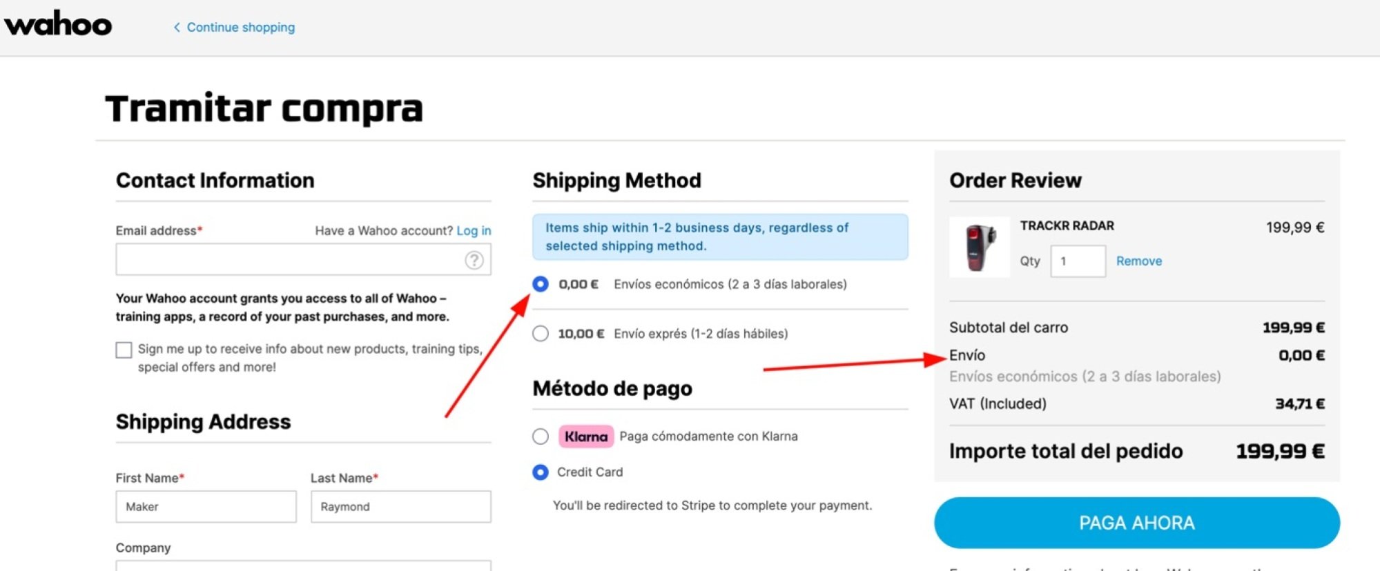 wahoo checkout showing zero euro shipping cost
