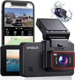 A dash cam appears on a white background with a phone showing its app.