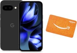 google pixel 9a phone and amazon gift card against a white background