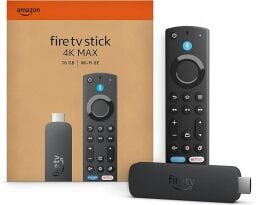 amazon fire tv stick 4k max streaming stick and box against a white background