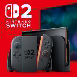 the nintendo switch 2 console and logo against a bright red background