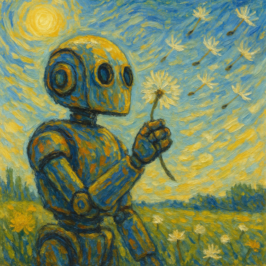 chatgpt generated image of a robot blowing dandelion seeds