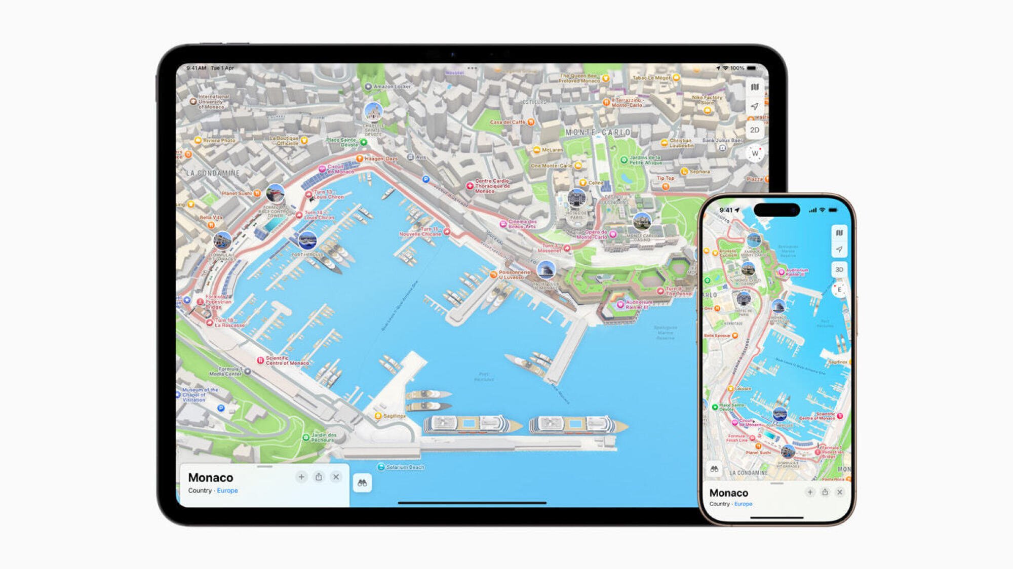 Apple Maps showing Monaco on an iPad and iPhone.
