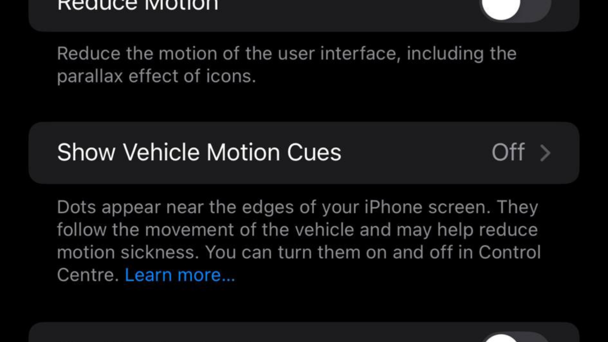 A screenshot of iPhone's Motion settings showing the "Show Vehicle Motion Cues" option.