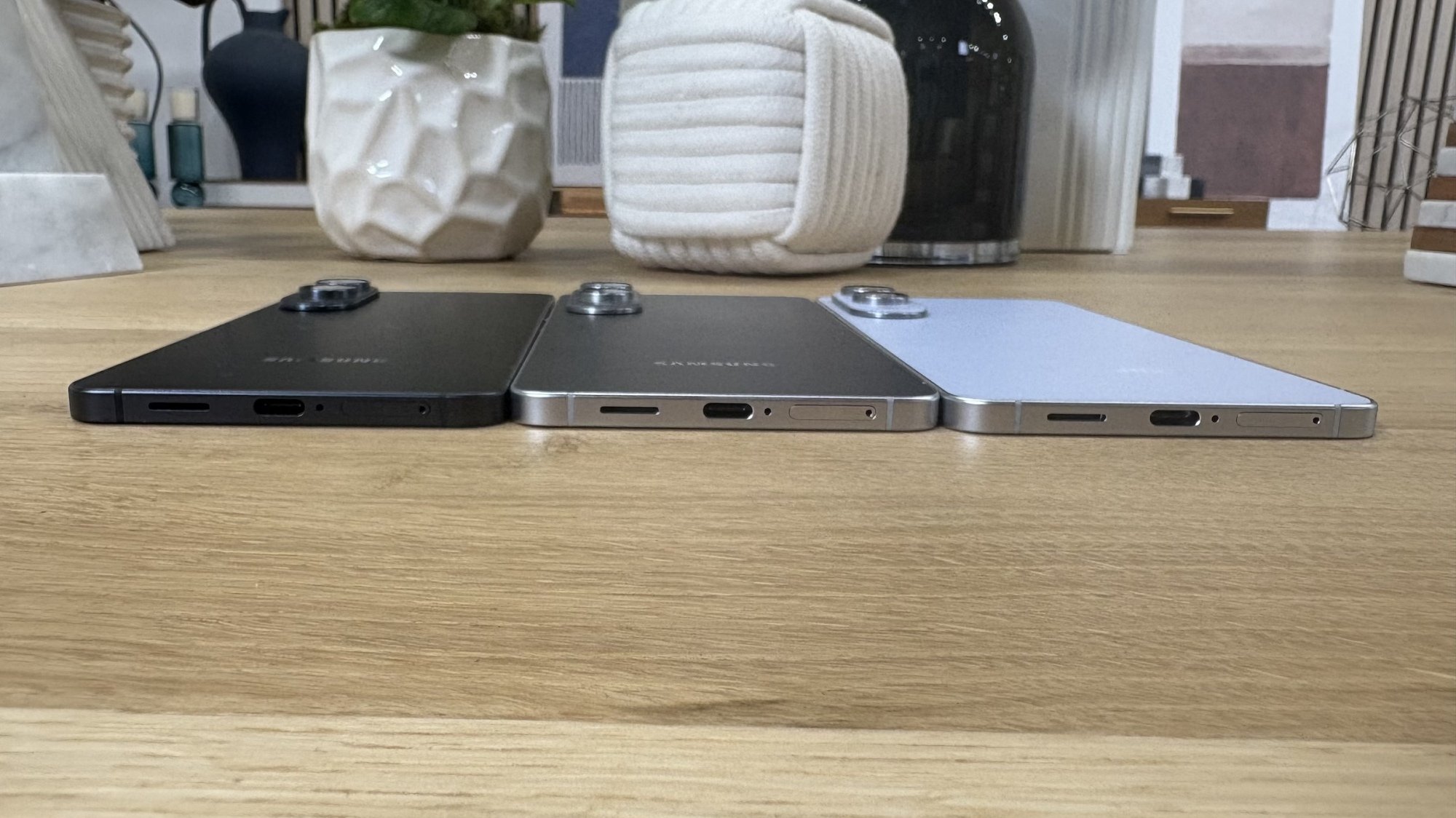 All three Galaxy S25 Edge colors lined up so you can see how thin they are