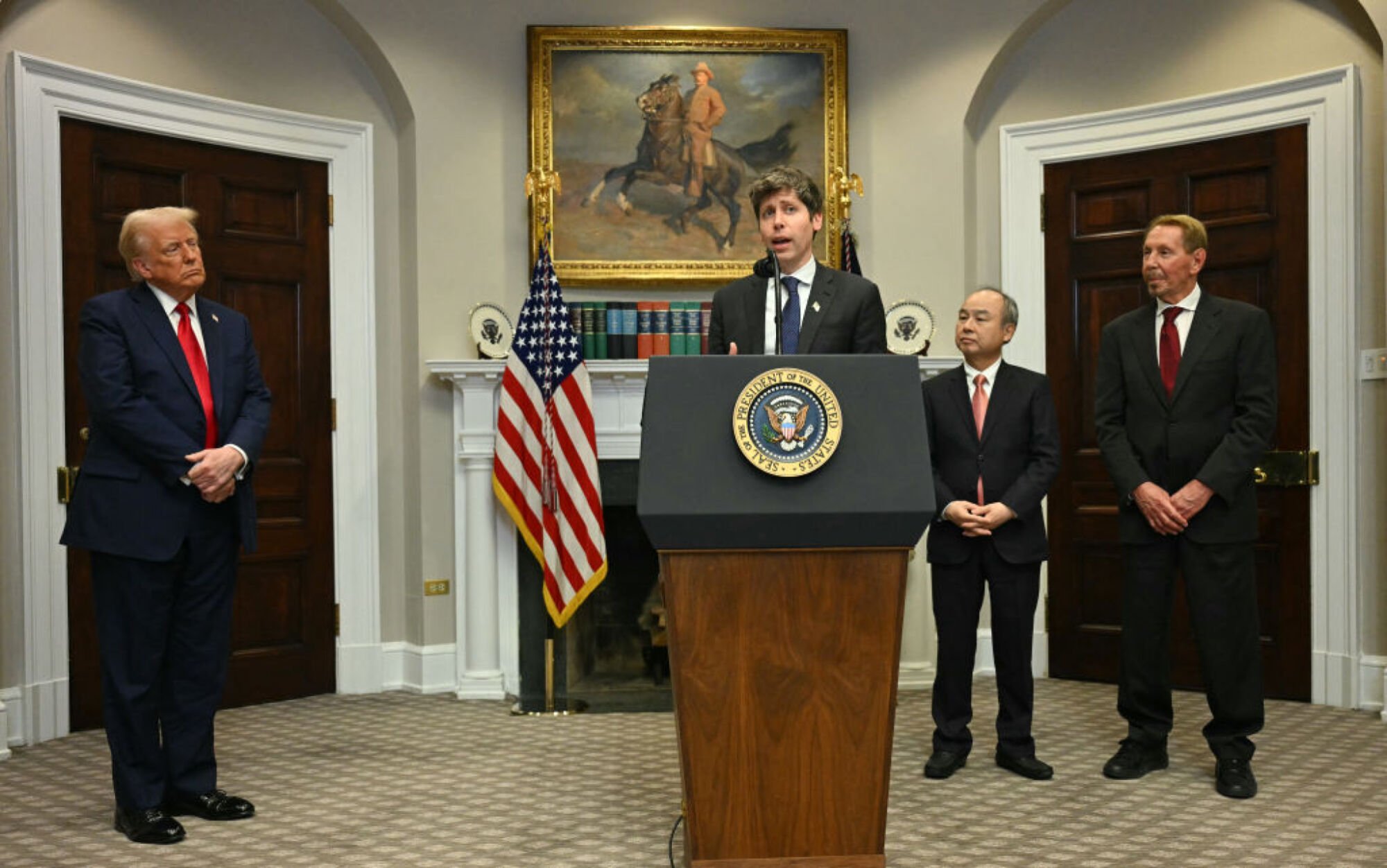 sam altman speaking in the white house's roosevelt room with president donald trump