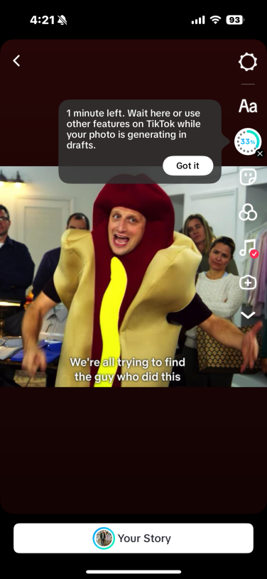 screenshot of tiktok AI alive feature with hot dog meme