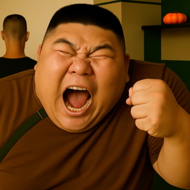 ai-generated image of an angry man with first in the air